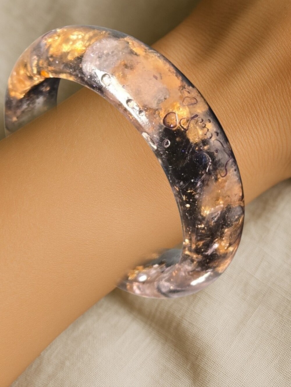 Rose Quartz & Obsidian Resin Bangle Bracelet With Gold Foil